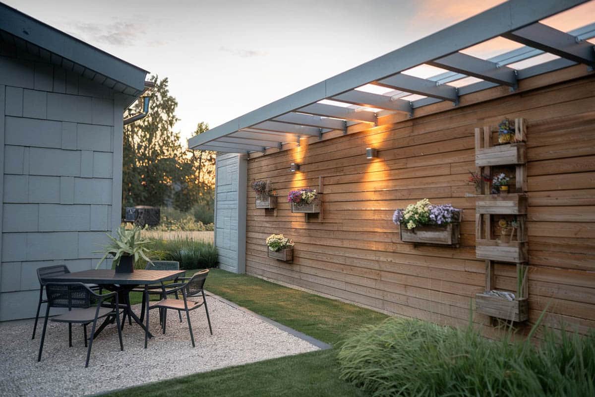 Contemporary fence with shelves for plant boxes and lights