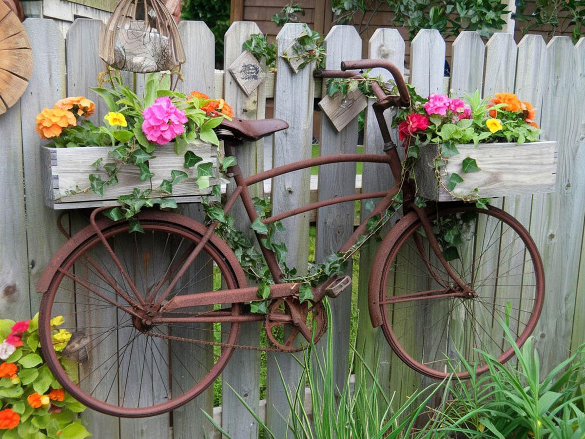 Old decorative bike plant container on fence