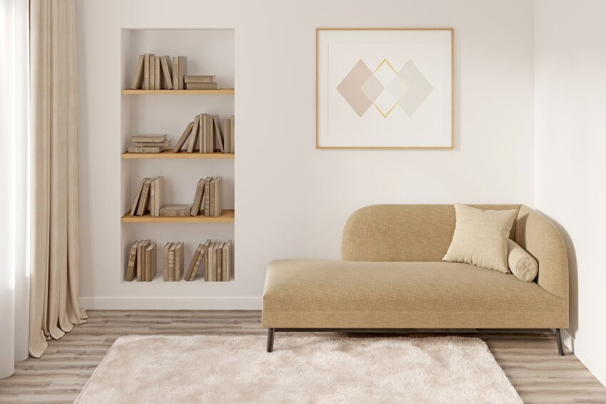 Recessed wall shelves, and corner bench